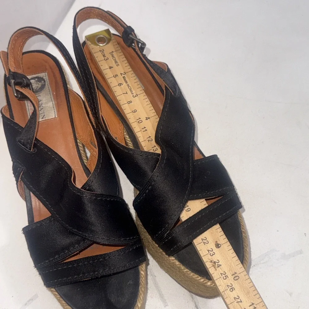 Vintage Y2K Lanvin Black Leather Platform Wood Jute Espadrille Wedge Shoes 40